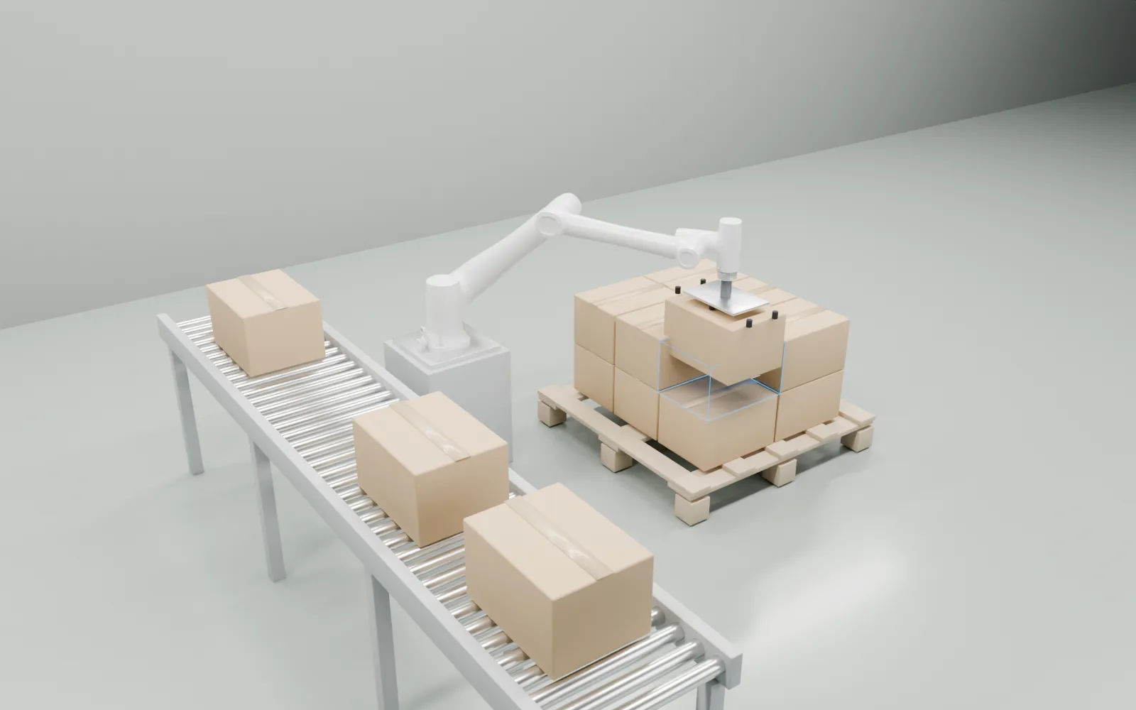 ローラーコンベヤで届いた段ボールを、DOBOT CR10 が吸着ハンドでパレットの最後の1か所(青い枠)へ積む工程の3DCG