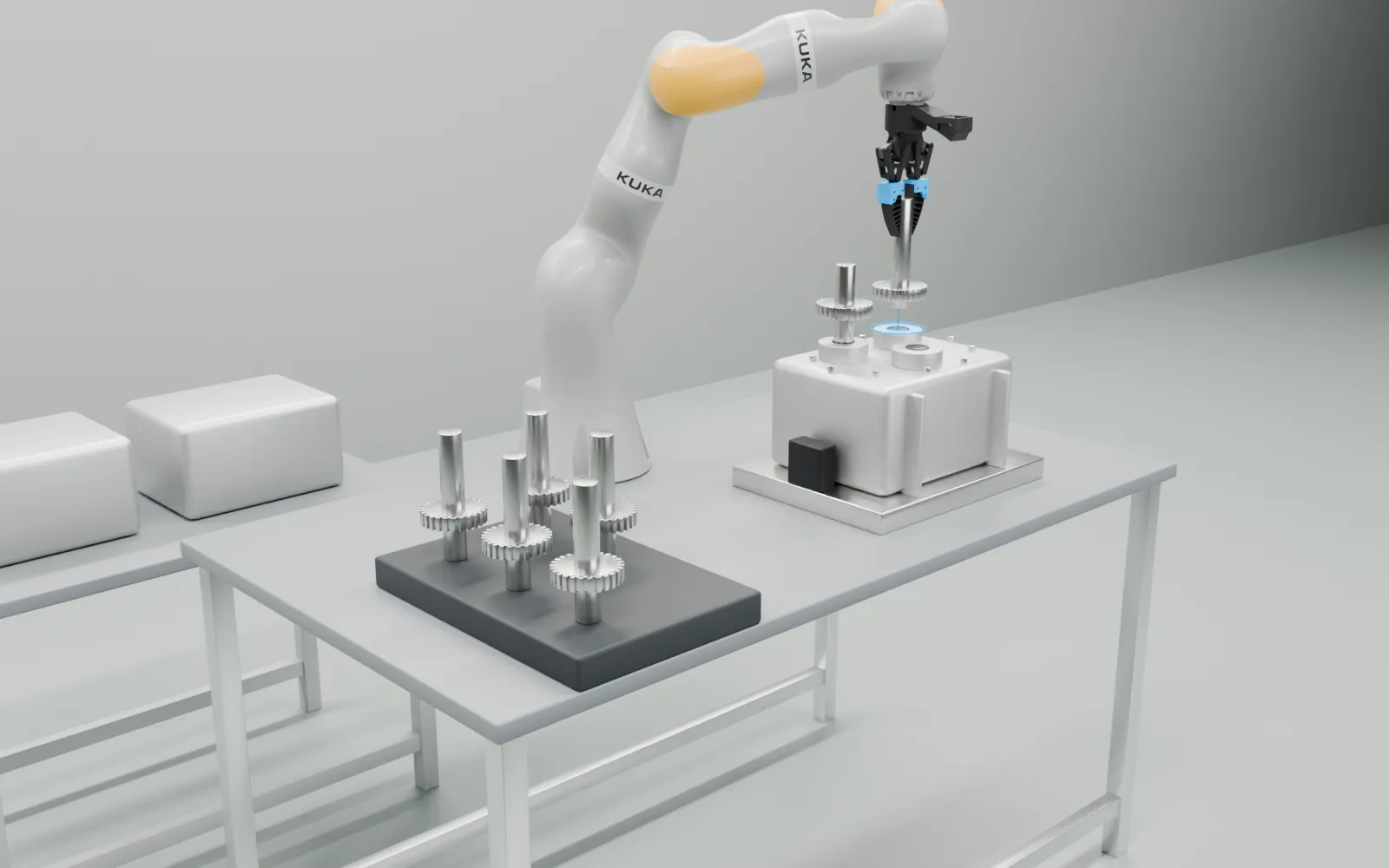 KUKA LBR iiwa 14 がギア付きのシャフトをつかみ、治具に固定したミッションケースの軸穴(青い輪)の真上へ運ぶ組付け工程の3DCG
