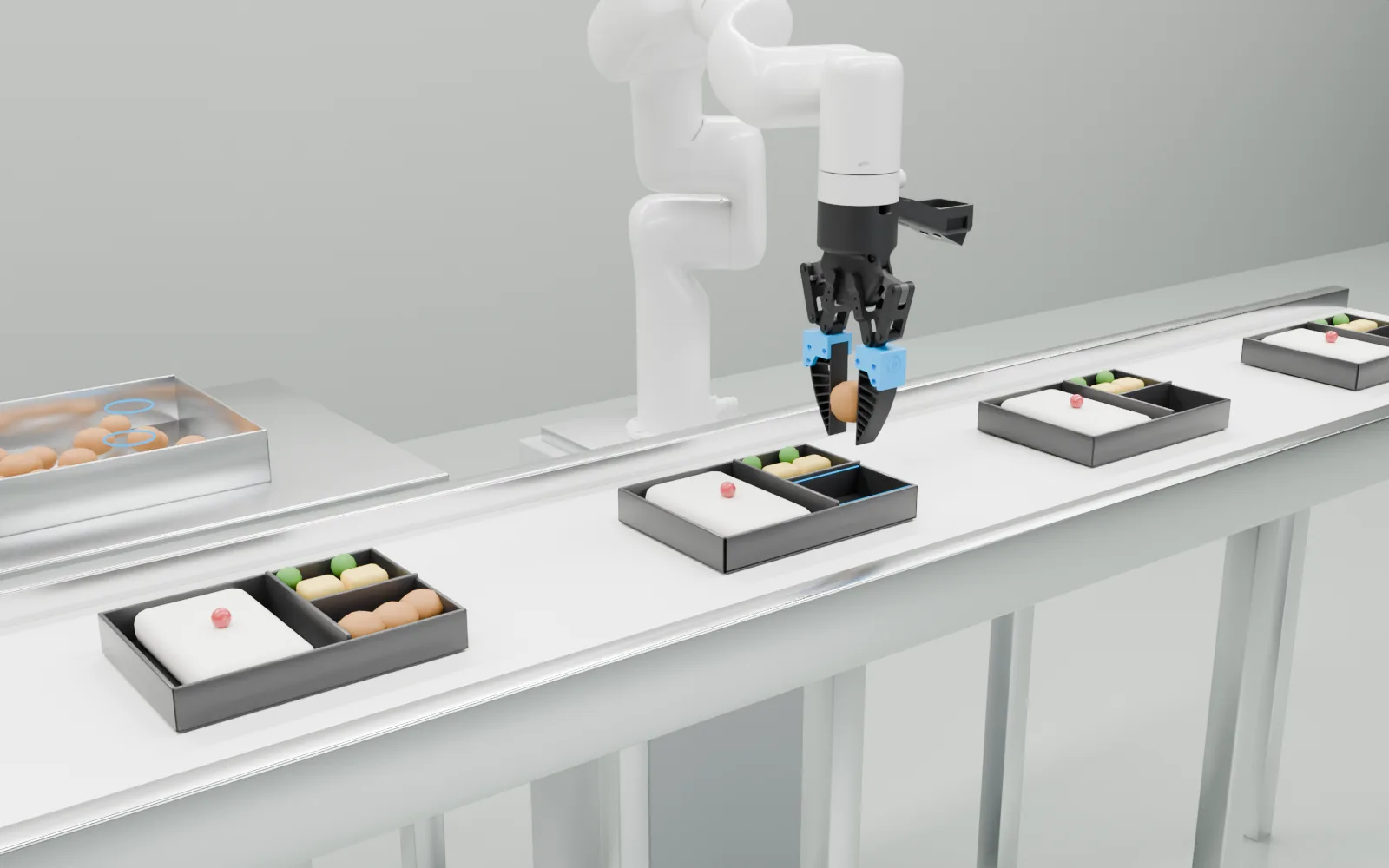 UFACTORY xArm 7 がバットのからあげを1個つかみ、コンベヤを流れる弁当容器の空いた区画(青い枠)へ盛り付ける3DCG