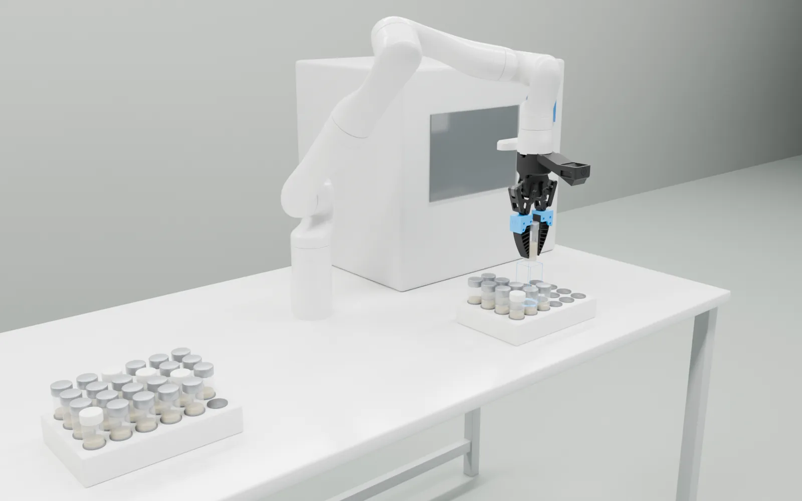 実験台の上で Kinova Gen3 がバイアルをつかみ、移し先のラックの空き穴(青い枠)へ運ぶ3DCG